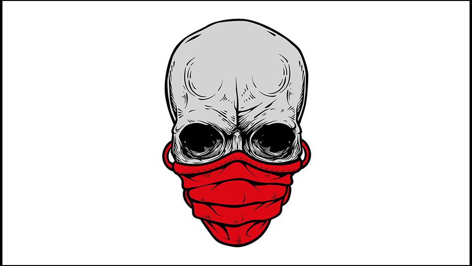Illustration of skull wearing red surgical mask