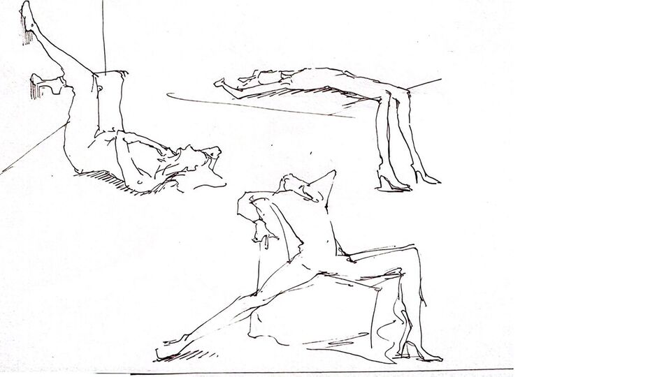 Peiyao Wang's sketches for the productions, featuring drawings of bodies on stage