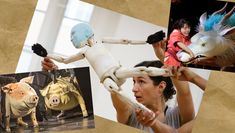 A collage of images featuring puppeteers in rehearsal along with production photos from Spirited Away 