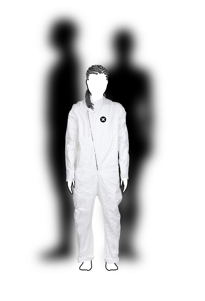 Faceless figure in a jumpsuit in front of two larger, silhouettes in monochrome 
