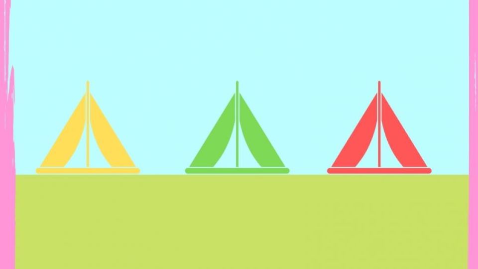 Pastel tents in yellow, green and pink in front of a blue background