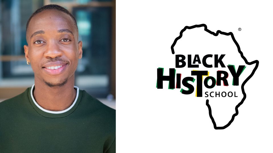 Portrait of Kamari Romeo and the Black History School logo
