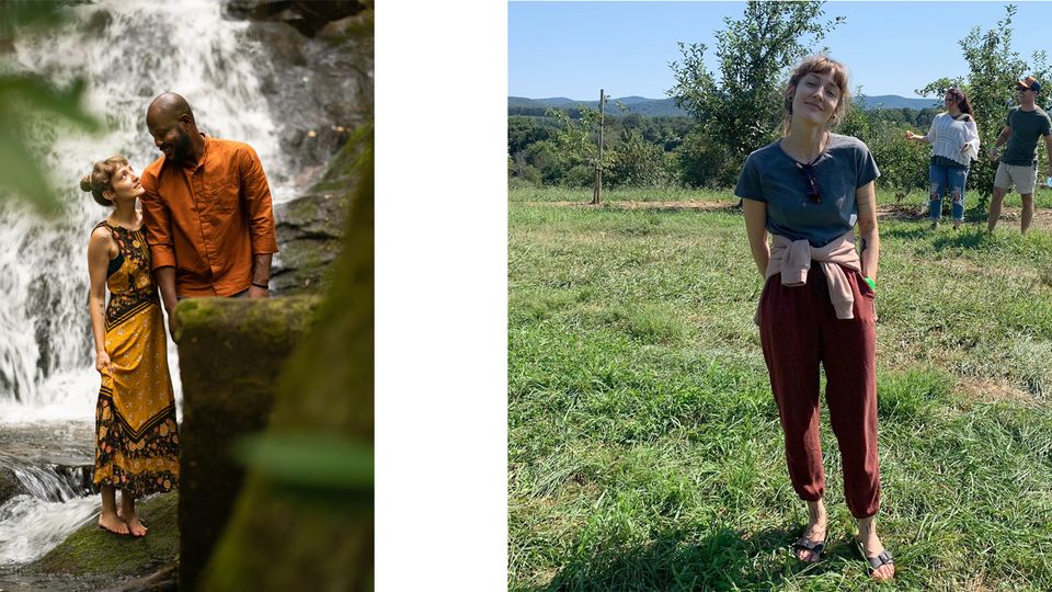 Couple posing on a waterfall and a woman standing in a grassy field