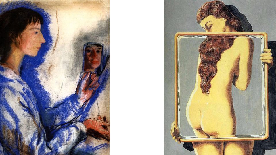 Two different paintings of women looking at their reflection in a mirror