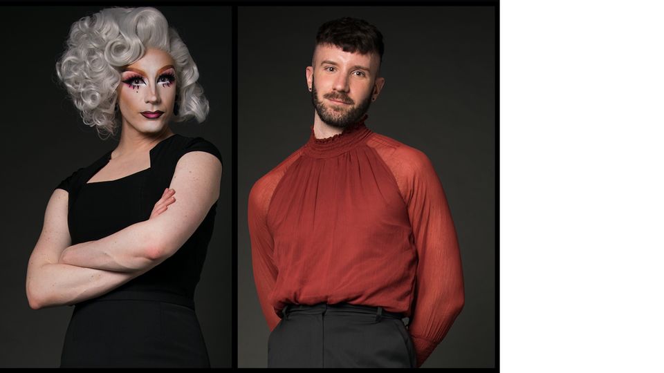 Two headshots of Callum Tilbury, one in drag as Lady Aria Grey wearing a grey wig and black dress, another out of drag; Callum is a young, white man, in his 20s with dark hair and is wearing a red shirt. 