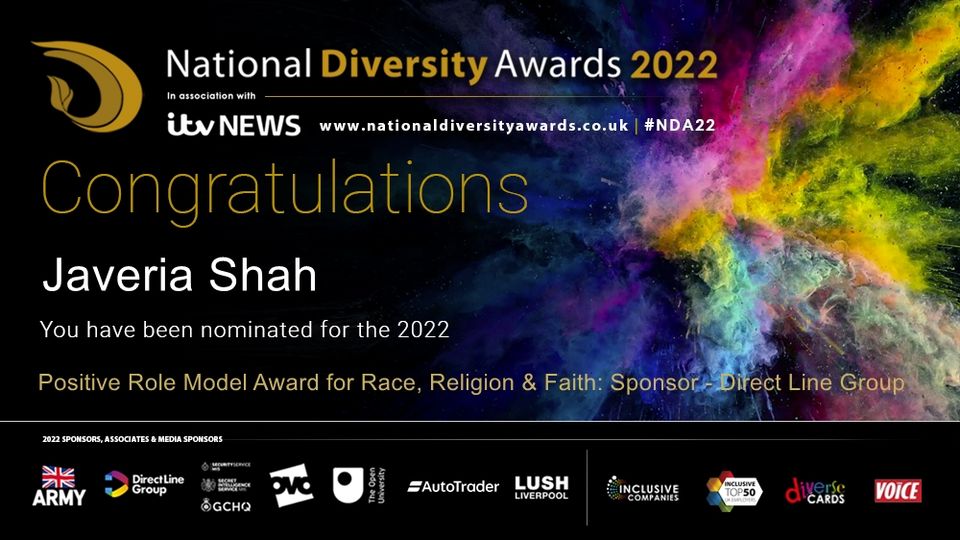 National Diversity Awards Logo and Congratulations Card to commemorate Dr Shah's Nomination