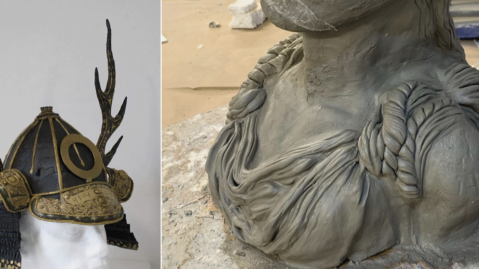 Some of Grace's work, image of a samurai helmet made from cardboard and paper, and a sculpt for a personal project of the Caryatids from the Acropolis made from clay