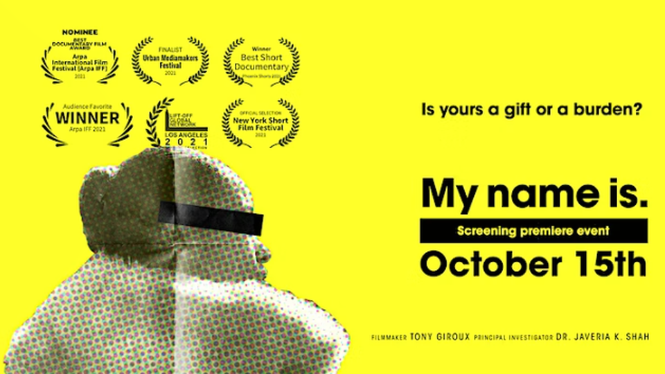 Yellow banner with person with black block over eyes. Award and festival laurels and credits. My Name Is Screening premiere event 15th October