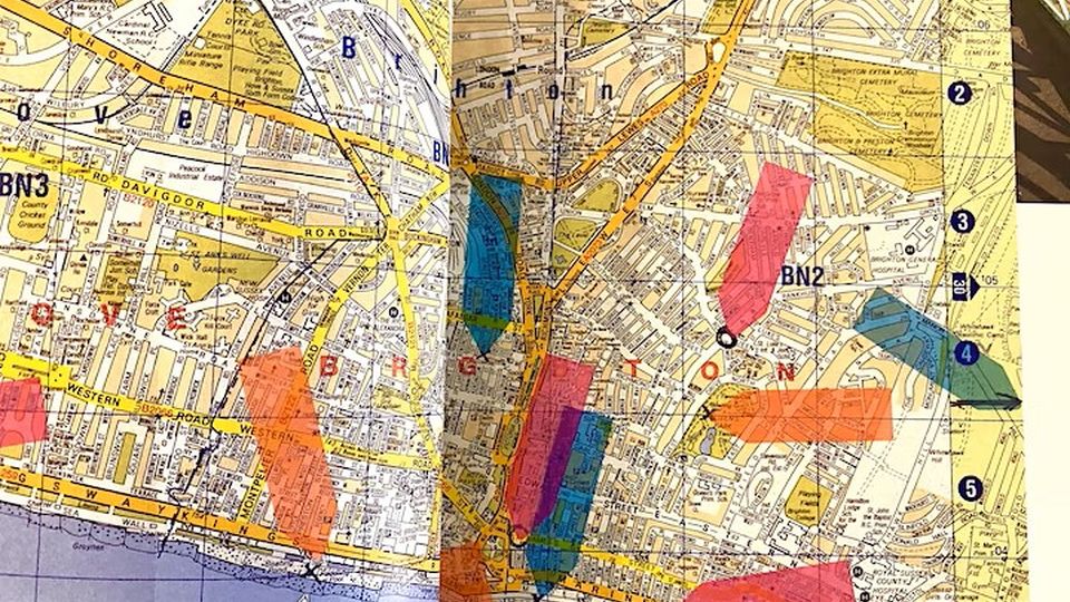 A map of brighton and hove is demarked with translucent coloured arrows
