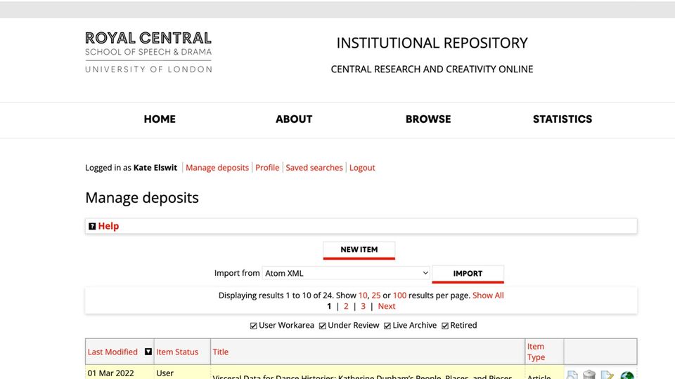 Screenshot illustrating how to manage your Deposits in the Institutional Repository
