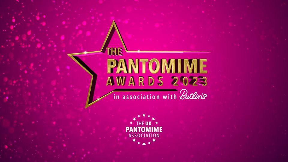 The Pantomime Awards 2023 text and star logo in gold against a magenta background.