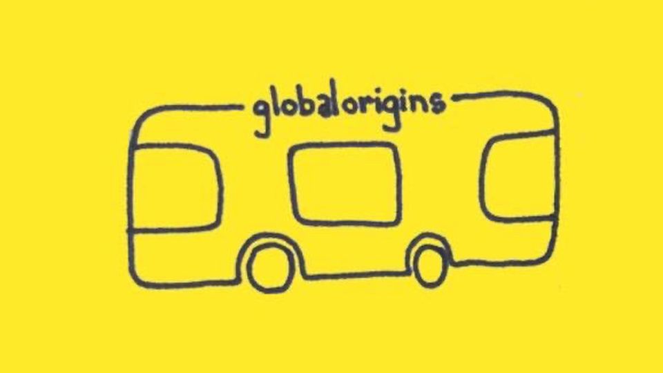 A simple line drawing of a bus is drawn in black lines on a bright yellow background. The top line of the bus contains the words global origins