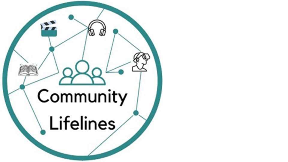 Community lifelines logo. A circle with three line drawn people in the middle and lines to headphones, a head wearing headphones, a clapperboard and a book
