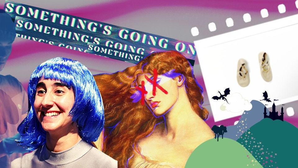 Pink background overlaid with a collage of images including a person in a blue wig, illustration of woman with red hair and red crosses over her eyes, and the text 'Something's going on'