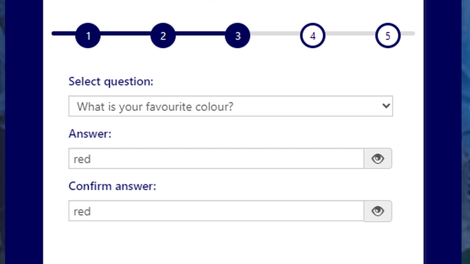 Screen shot of student recover tool security question and answer prompt
