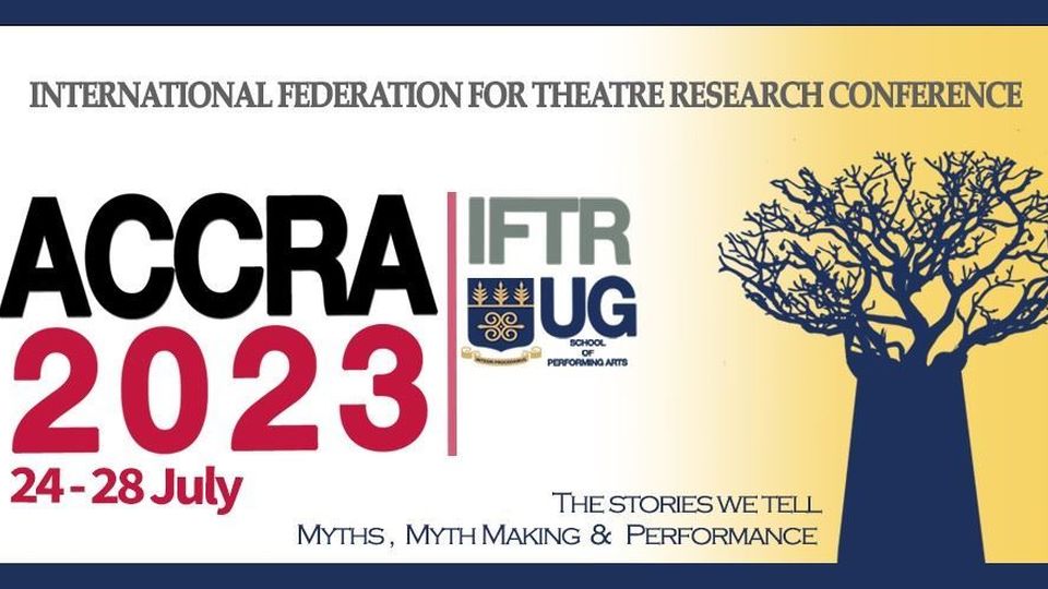 IFTR ACCRA 2023 Logo showing the words 'ACCRA 2023' in red and blue against a white and yellow background, bordered in dark blue, and with the image of a blue tree 