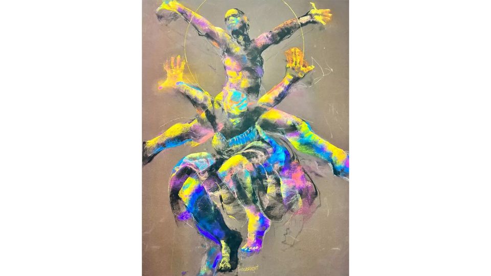  A colourful pastel drawing representing two moving figures. Set on a light grey-brown background, the figures are drawn with stretched limbs and extremities, as if they are jumping or dancing. The bodies are very colourful, with mainly touches of yellow, pink, blue and black running through them.