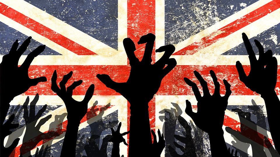 Against a grany union flag, silouhettes of zombie's hands reach upwards