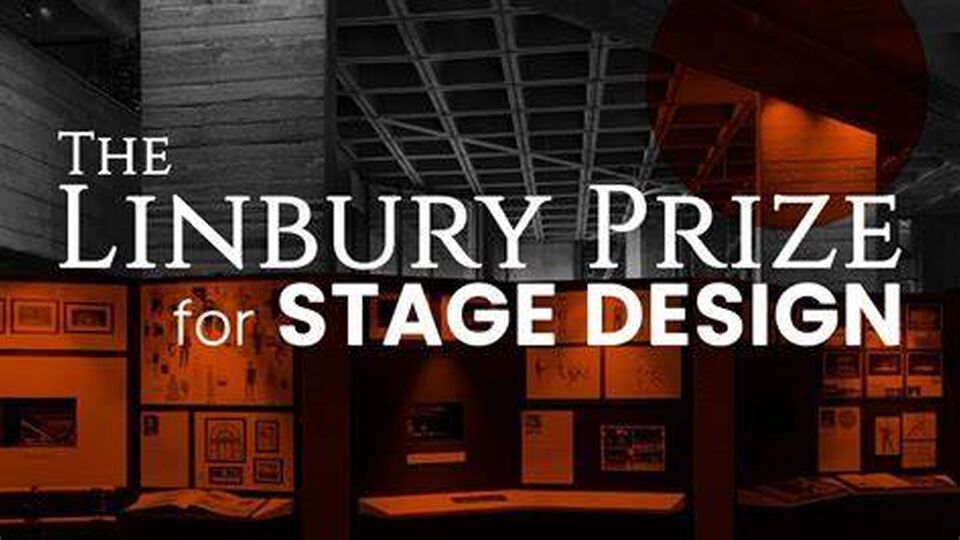 Logo for the Linbury Prize for Stage Design showing white text against a black, grey and orange toned background of the National Theatre foyer