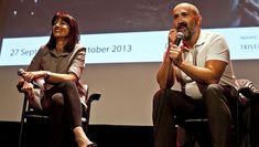 Maria Delgado interviewing actor Javier Cámara as part of the London Spanish Film Festival. Photo: Pau Ros