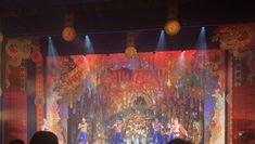 A very colourful theatre design for the Pantomime Aladdin, including back cloth, 2 cut cloths, legs and header portal