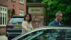 Image of actors Cush Jumbo and James Nesbitt in The Pact. Both are walking outside with serious faces. 