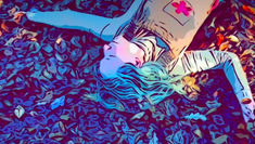 Drawing of a young girl laying down on a floor of blue flowers