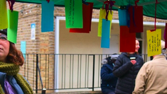 Image of Megan Bastable looking up at multi-coloured peices of card, each written with messages from the community of Camden. 