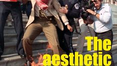 Book cover for The Aesthetic Exception, Essays on art, theatre and politics by Tony Fisher. The title in yellow text is overlaid an image of a person being held by police looking down at a burning flag on concrete steps