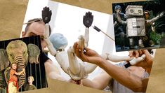 A collage of images featuring puppeteers in rehearsal along with photos from productions featuring puppetry by Toby Olie