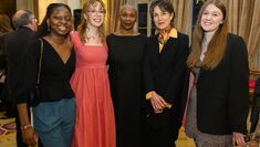 Central students AyoOluwa Thomas and Lara Flynn pose for a photo with Central Student Union President Mia Doona, Principal Josette Bushell Mingo OBE and Dame Harriet Walter