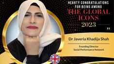 Graphic for The Global Icons 2023 featuring Dr Javeria Khadija Shah's headshot, by Passion Vista