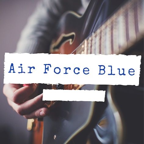 A complete album cover, with an electric guitar in the background. There is blue text on a white background in the middle of the image, which reads the name of the album, "Air Force Blue"