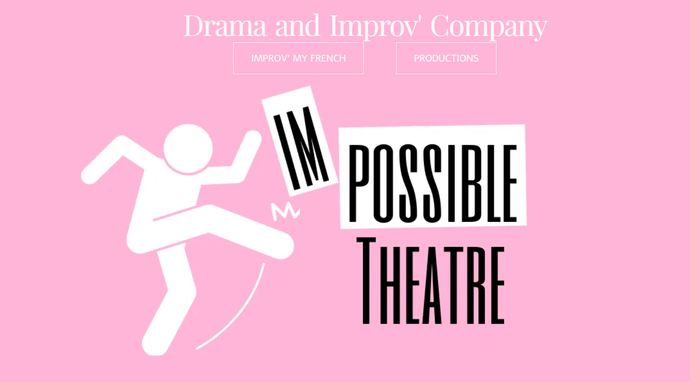 Pink background with white figure kicking the words 'Impossible Theatre'