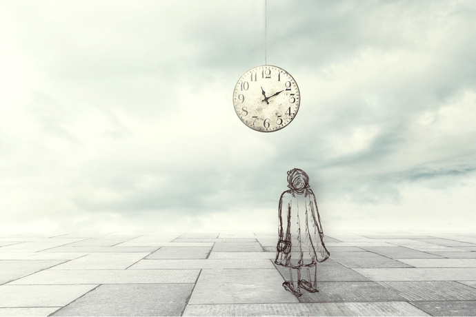 Illustration of girl standing on large checkboard landscape looking up at a clock in the sky