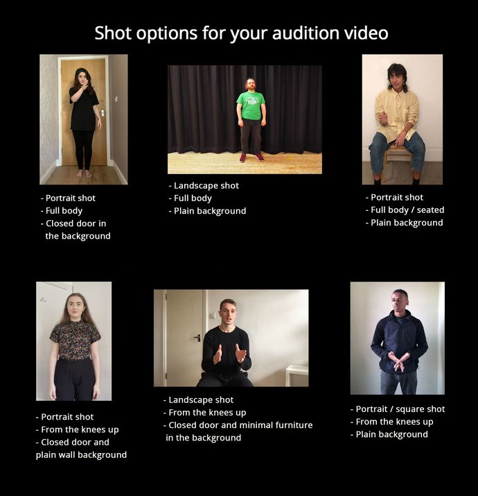Shot options for your audition video. Portrait or landscape, plain background or minimal furniture, full body or from the knees up, 