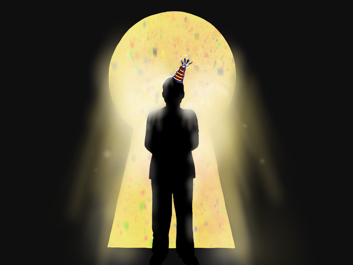 Illustration of a silhouetted figure wearing a party hat within a keyhole-shaped entrance