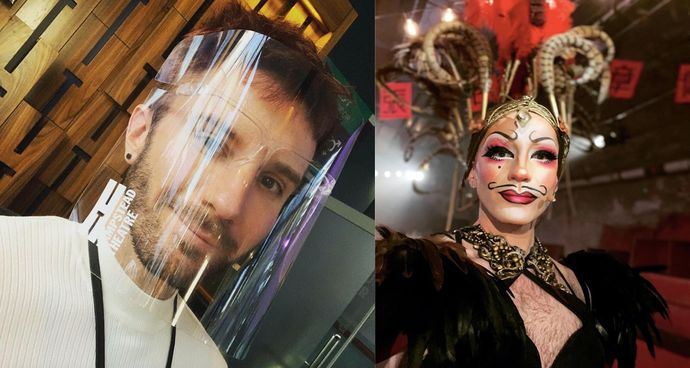 Two photos of Callum Tilbury, a young white man in his 20's. One of Callum imiling and wearing a clear protective mask (due to the pandemic), and another in drag as Madame Madeleine, who is wearing a gold feathered headdress, has black eyeliner and eyeshadow, painted red lips and a painted on moustache, wearing a black ruffled feather dress. 