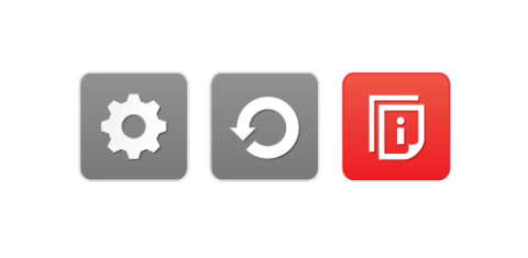 A grey cog / settings button, a grey reset button and a red user guide button