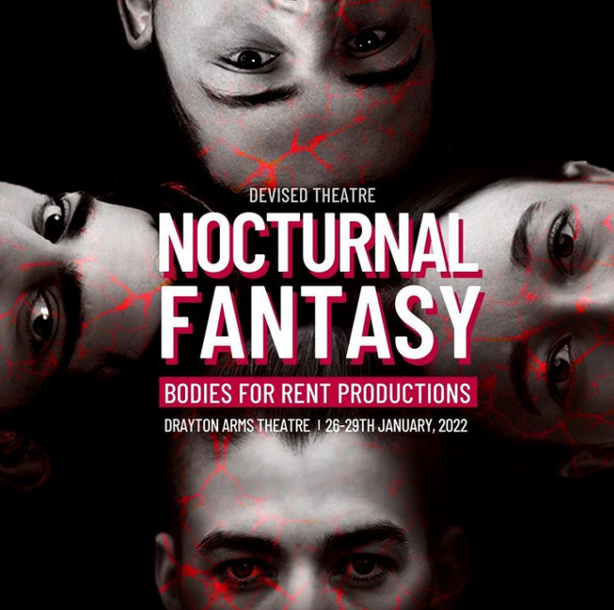 Close up of four faces from each side of a square with the words, Nocturnal Fantasy, in the centre