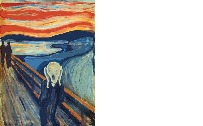 Illustration of Edvard Munch's The Scream; a painting of a figure appearing to scream in foreground, with landscape and red sky in background
