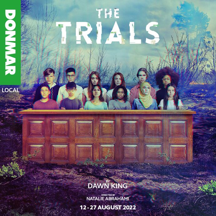 Poster for The Trials at the Donmar Warehouse, featuring 12 young people sitting in a jury box