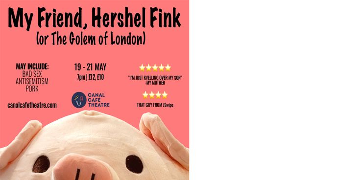 A pink background with a cropped face of a pig at the bottom of the frame, promoting My Friend, Hershel Fink (or The Golem of London) 