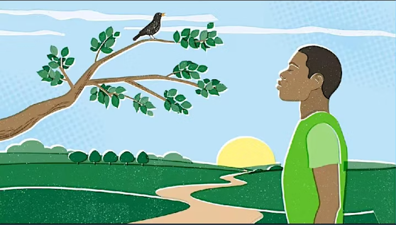 Illustration of man in green shirt standing with eyes closed in green park , near a tree branch with blackbird