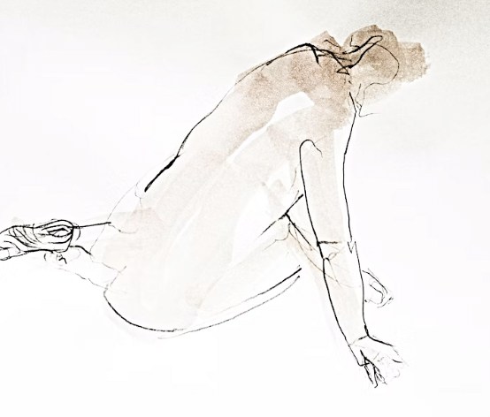 Life drawing sketch of model sitting on floor facing away