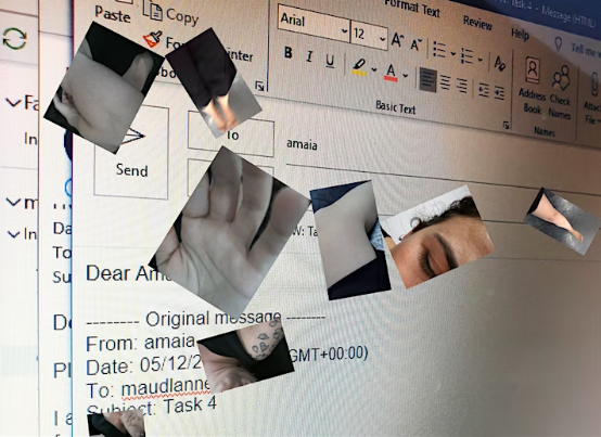 Screenshot of an email being composed, overlaid with photos of close-ups of body parts