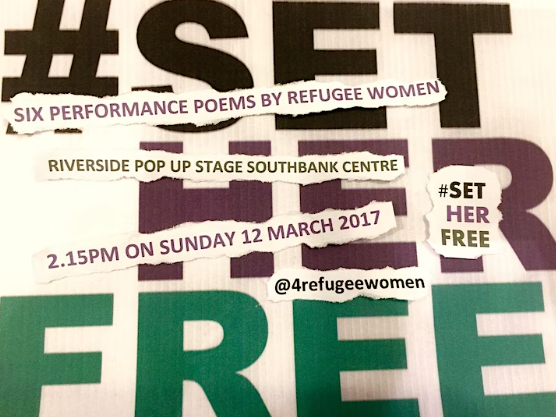 Poster with hashtag Set Her Free, 6 performance poems by refugee women