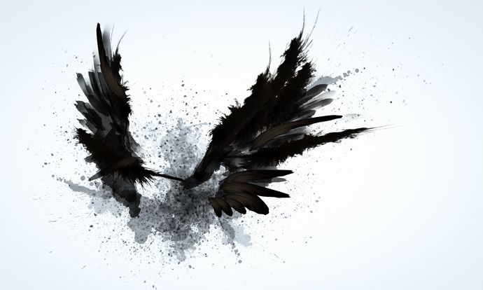 Black wings amidst black watercolour splashes against a white background.