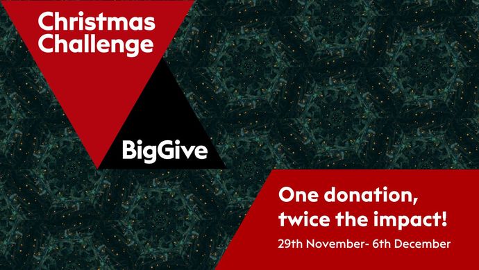 Big Give Logo: green wreaths against a black background, overlaid with red triangles and wording in white that says 'Christmas Challenge, Big Give, one donation twice the impact'.