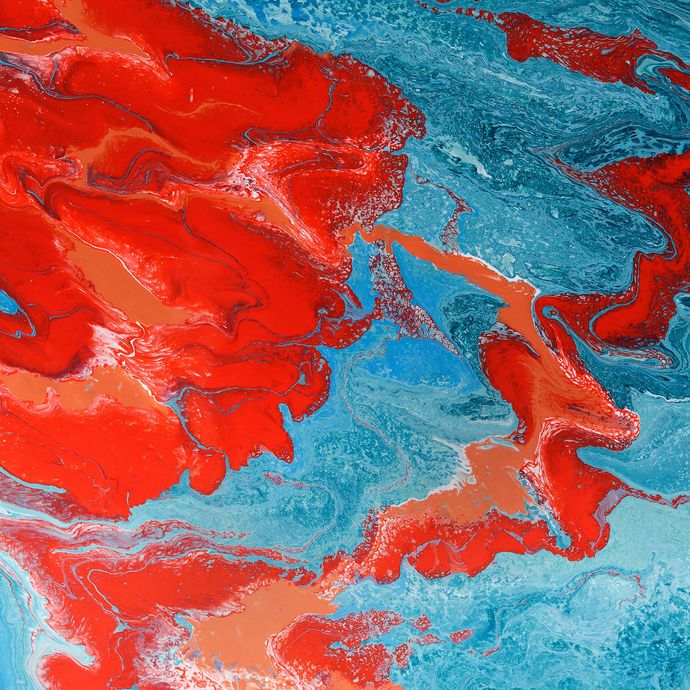 Abstract painting with bright red and blue colours